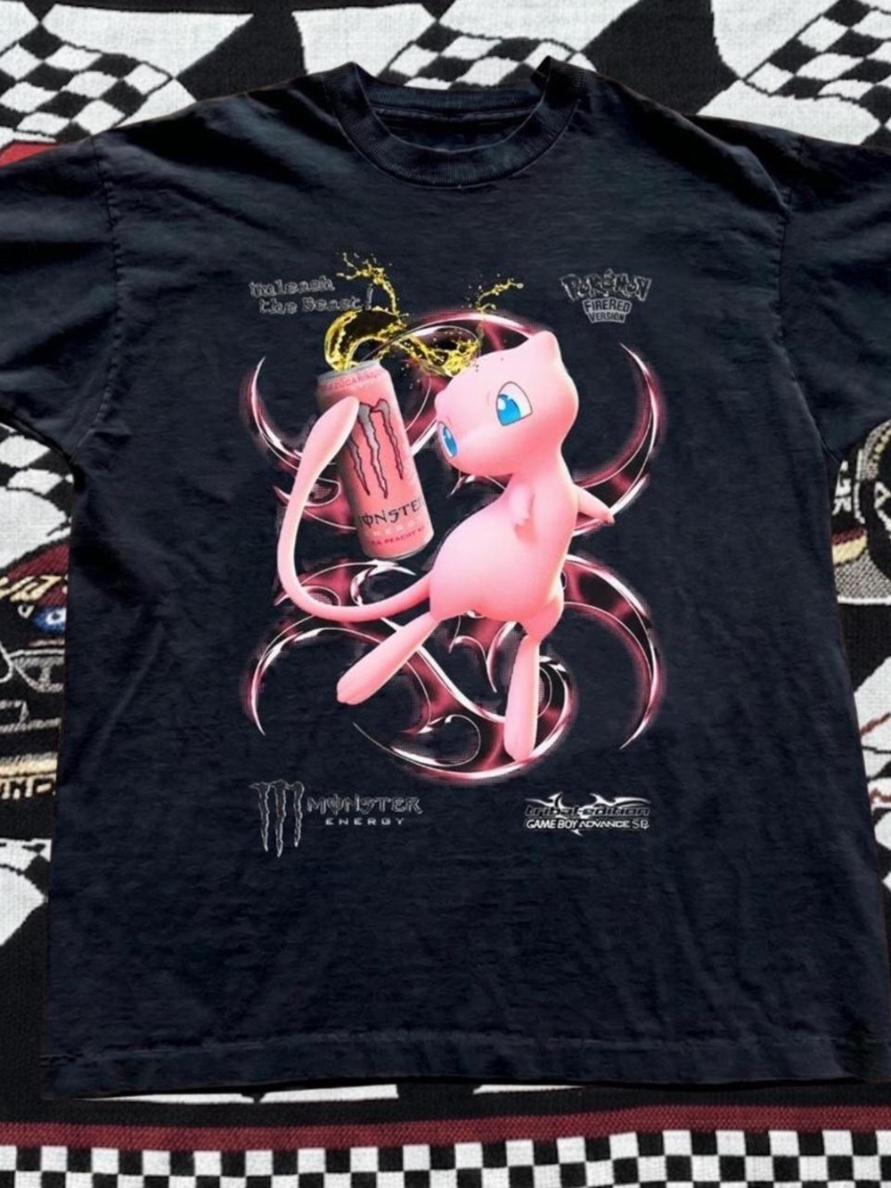 Gildan Black Tee with Pink Mew and Monster Energy Graphic